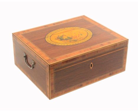 An early 19th century Tunbridge print decorated documentary sewing box of rectangular form veneered in lace wood within broad