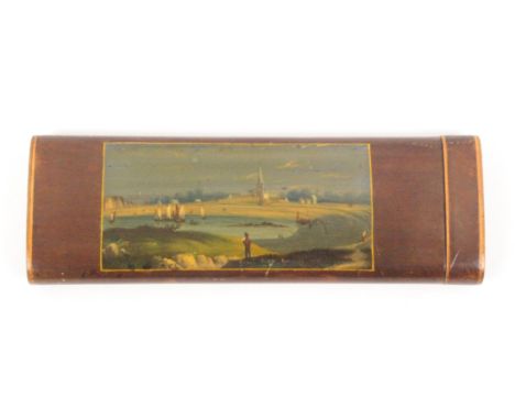An unusual Spa work knitting needle or tambouring case of oval section and drawer form with boxwood line decoration, one side