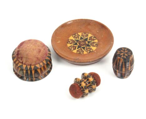 Tunbridge ware - sewing - four pieces comprising a rosewood pin dish with geometric mosaic panel, 7cm, a turned stickware pin