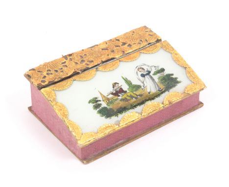  A mid 19th Century French bonbonniere in card, of rectangular form, the sides in patterned pink paper below a glazed curved 