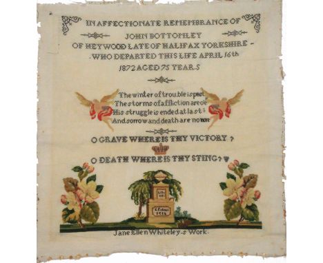 A sampler, three Bristol card memoriums and two others, the sampler unmounted 'ÉRemembrance of John Bottomley of Heywood Late