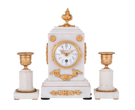 A FRENCH MINIATURE LOUIS XVI STYLE GILT BRASS MOUNTED CARARA MARBLE MANTEL CLOCK GARNITURERETAILED BY SIR JOHN BENNETT LIMITE