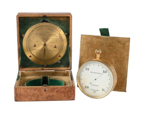 A CASED SET OF ANEROID FORECASTING BAROMETER AND LACQUERED BRASS WEATHER FORECASTING CALCULATOR NEGRETTI AND ZAMBRA, LONDON, 