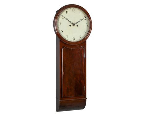 A GEORGE III/REGENCY FIGURED MAHOGANY 'NORWICH' TYPE WEIGHT-DRIVEN DROP-TRUNK OR TAVERN WALL CLOCKW. HOLLAND, CHESTER, CIRCA 