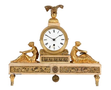 A REGENCY ORMOLU AND WHITE MARBLE FIGURAL LIBRARY MANTEL TIMEPIECE UNSIGNED BUT PROBABLY BY THOMAS WEEKS, LONDON, CIRCA 1815T