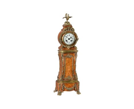 A FRENCH LOUIS STYLE BRASS MOUNTED INLAID BURR WALNUT MINIATURE LONGCASE MANTEL CLOCK UNSIGNED, CIRCA 1900The circular eight-