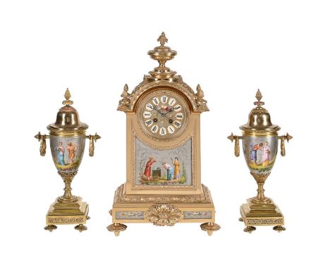 A FRENCH GILT BRASS AND UNUSUAL SILVER-GROUND PORCELAIN INSET MANTEL CLOCK GARNITURETHE MOVEMENT BY H.P. AND COMPANY, PARIS, 