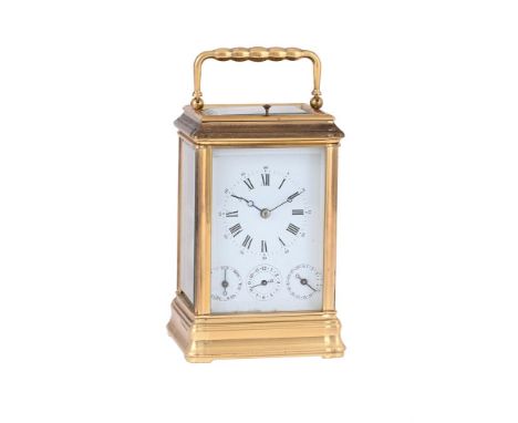 A FRENCH/SWISS LAQUERED BRASS GORGE CASED CALENDAR CARRIAGE CLOCK WITH PUSH-BUTTON REPEAT AND ALARML'EPEE, DELEMONT, JURA, SW