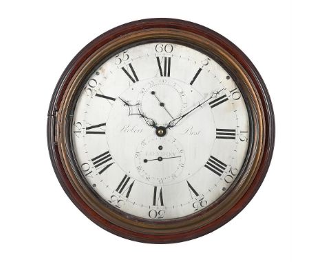 A GEORGE III MAHOGANY FUSEE DIAL WALL TIMEPIECE WITH SUBSIDIARY SECONDS AND CALENDAR DIALS ROBERT BEST, LONDON, CIRCA 1800The