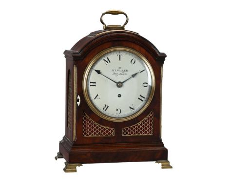 A REGENCY BRASS MOUNTED MAHOGANY TABLE/BRACKET TIMEPIECE WITH AN UNUSUAL INSCRIBED DIALR.T. WALLER, LONDON, DATED 1827The fou