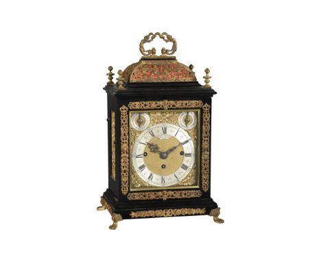 A VICTORIAN BRASS MOUNTED EBONISED QUARTER-CHIMING 'BASKET-TOP' BRACKET CLOCKRETAILED BY NOBLE AND CHIVERS, BATH, LATE 19th C