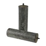 A PAIR OF DARK BROWN PATINATED BRASS-CASED EIGHT-DAY CLOCK WEIGHTS