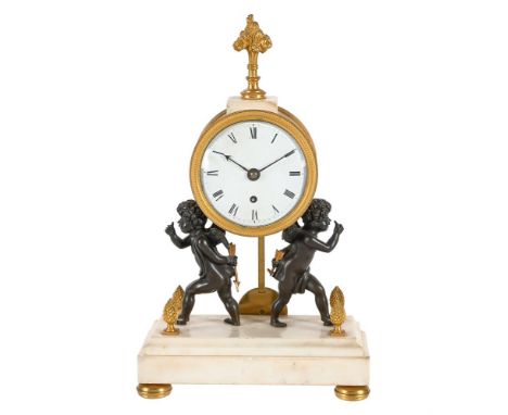 λ&nbspA REGENCY ORMOLU AND WHITE MARBLE FIGURAL LIBRARY MANTEL TIMEPIECE UNSIGNED, IN THE MANNER OF THOMAS WEEKS, LONDON, CIR