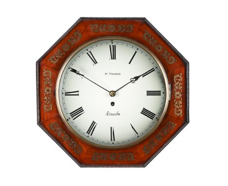 A WILLIAM IV BRASS INLAID MAHOGANY FUSEE DIAL WALL TIMEPIECE WITH OCTAGONAL SURROUNDTHE DIAL SIGNED FOR W. THOMAS, LINCOLN, C