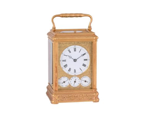 A FINE ENGRAVED GILT BRASS GORGE CASED GRANDE SONNERIE ALARM CARRIAGE CLOCK WITH CALENDARDROCOURT, PARIS, CIRCA 1880The eight