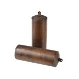 A PAIR BROWN PATINATED BRASS-CASED EIGHT-DAY CLOCK WEIGHTS