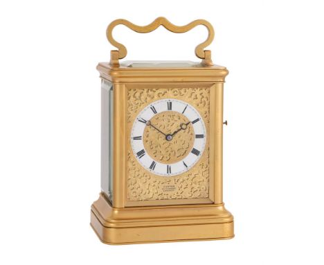 A FINE VICTORIAN GILT BRASS GIANT CARRIAGE CLOCK WITH PUSH-BUTTON REPEATCARTER, LONDON, CIRCA 1860The eight-day five columnar