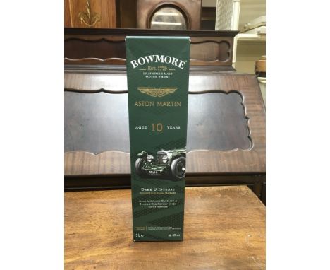 A bottle of Bowmore , single malt scotch whisky , Aston Martin edition aged 10 years. 1 litre.