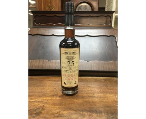 A bottle of MacAllan 25 year old , single malt scotch whiskey. From the Single cask series, bottled by Master of Malt. 1 litr