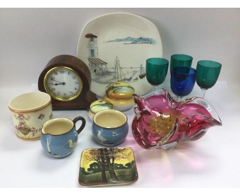 A tray of mixed ceramics and glass including Watcombe ware milk jug and sugar bowl, murano glass ashtray etc plus an inlaid m