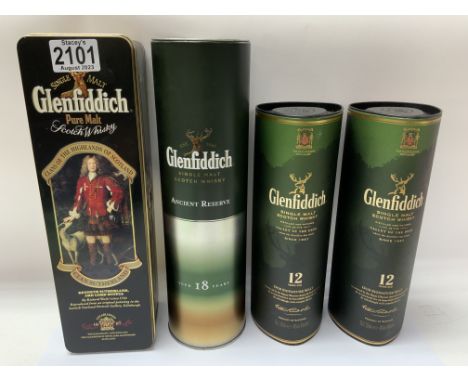 4 Bottles of boxed Glenfiddich Single malt scotch whisky. 2 x 35cl bottles/ 2 x 70cl bottles. (Catagory D)