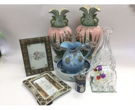 A pair of Victorian vases and other decorative ceramics and glass ornaments including Swarovski animals, a boxed Mappin & Web