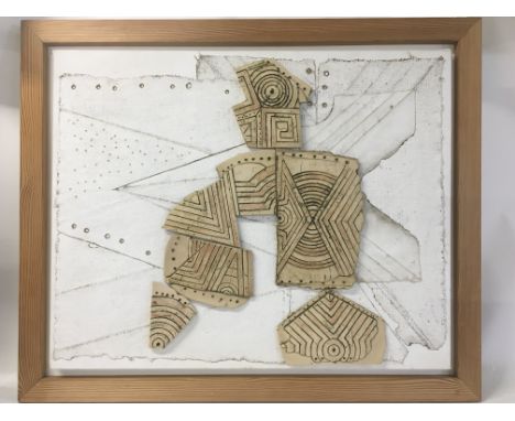 A framed three dimensional ceramic and canvas Contemporary Sculpture by Bernard Rooke with raised earthenware fragments on a 
