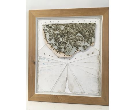 A framed contemporary sculpture by Bernard Rooke a shaped ceramic plaque on a raised white ground signed in pencil B Rooke 37