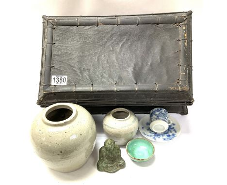 A vintage palm leaf box together with oriental ceramics. D