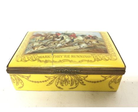 An 19th century Derby ceramic casket with yellow ground and a depiction of fox hunters and a floral interior , damaged postag