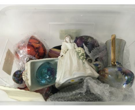 A box containing decorative glass a Coalport figure Caithness limited edition paperweight and other glass ware (a lot)