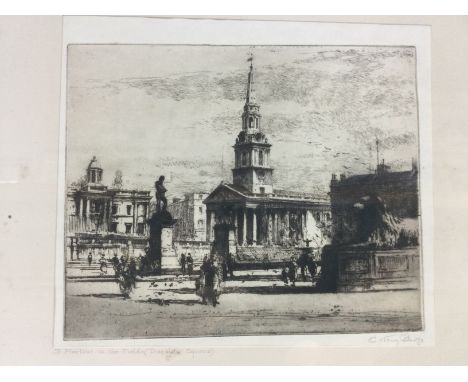 A pen and ink drawing of Trafalgar Square together with a gilt framed watercolour of sailing boats, approx 65cm x 49cm. Shipp