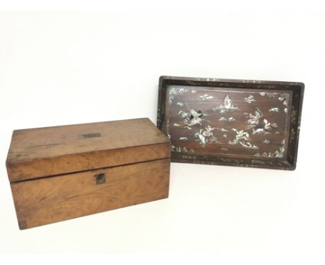 A walnut tea caddy box and an inlaid mother of Pearl Chinese tray (damaged) NO RESERVE