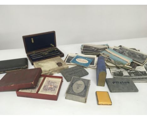 A collection of old postcards Vintage playing cards and vintage cased drawing sets (a lot) NO RESERVE