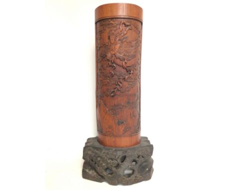 Vintage Chinese carved bamboo brush pot, 47cm tall. Postage cat C