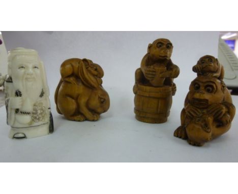 Three similar modern Japanese carved wooden netsuke style miniature ornaments and another in bone: to include a monkey seated