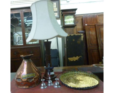 A mixed lot: to include an Oriental carved hardwood table lamp  14''h with a matching cream coloured fabric shade          CA