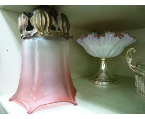 A mixed lot: to include a spot-hammered pewter inkstand; a Cranberry coloured glass, bellflower design light shade, in Art No