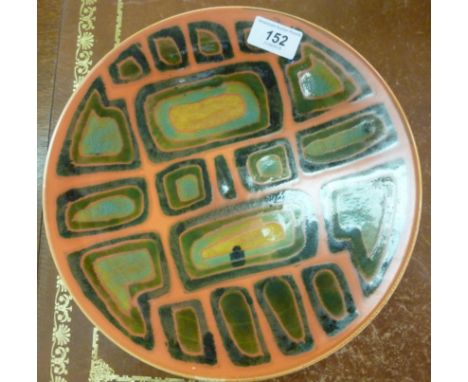 A Poole pottery Agean pattern footed dish, decorated in tones of green and orange with stylised designs  11''dia        RAM