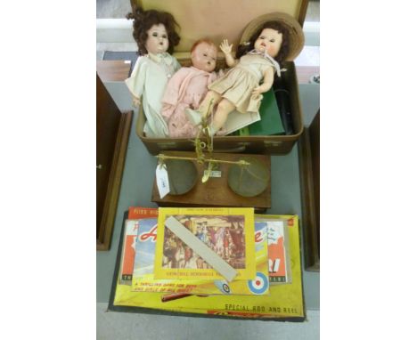 A mixed lot: to include a set of mahogany cased and brass mounted balance scales, bears a label for 'Young Son & Marlow, West