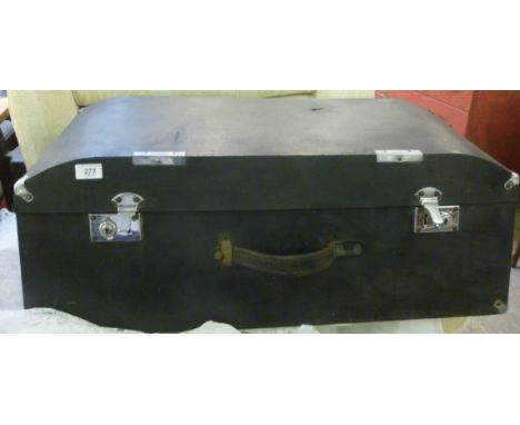 A 1930s black fabric covered automobile trunk, having chromium plated re-enforcement and fittings  11''h  31''w         S
