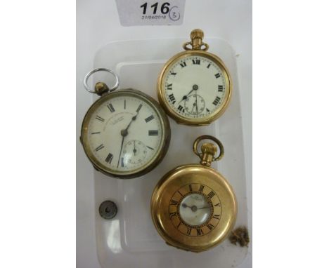 Two gold plated pocket watches: to include a half hunter, faced by a white enamel Roman dial; and another silver cased exampl