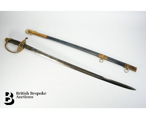 A replica Confederate C.S.A sword, with single edge blade, engraved blade, with black leather grip with twisted brass braidin