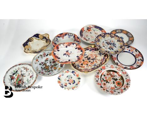 Miscellaneous Ironstone dishes including Ashworth Bros 24 cms diameter, Masons Ironstone (af), Old Chelsea approx 26 cms diam