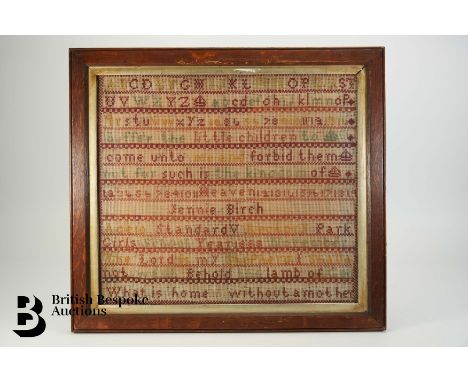 19th century sampler worked by Jennie Birch Standard Rectory Park Girls School 1888, 43.5 x 38 cms, framed and glazed togethe