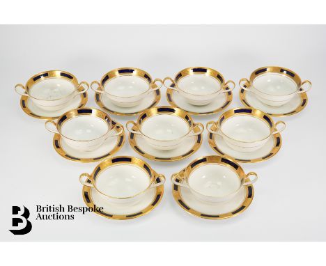 Nine Aynsley Empress Cobalt twin-handled soup bowls and nine matching saucers.&nbsp;
c/r overall in good condition, with ligh