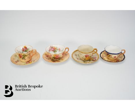 Four Royal Worcester blushware teacups and saucers, painted with wildflowers, all four with puce marks to base.&nbsp;Conditio