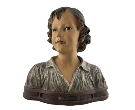 Early 20th century painted plaster bust of a boy with a plaque inscribed 'Mon Portrait par Joliveaux' H34cm