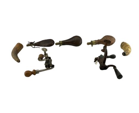 19th century G &amp; J.W. Hawksley copper and brass shot flask, another leather example by W. Batram, two horn shot flasks, 1