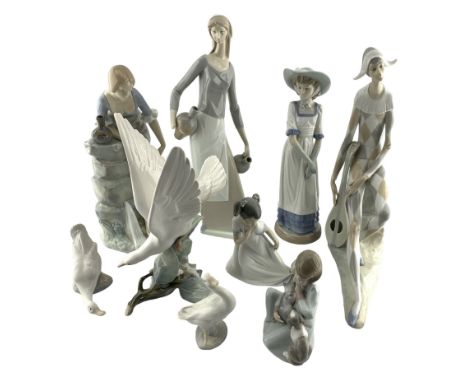 Lladro 'Turtle Dove' No.4550, 'Cat Nap' No.5640, small Lladro goose, four large Nao figures and two smaller Nao figures (9)